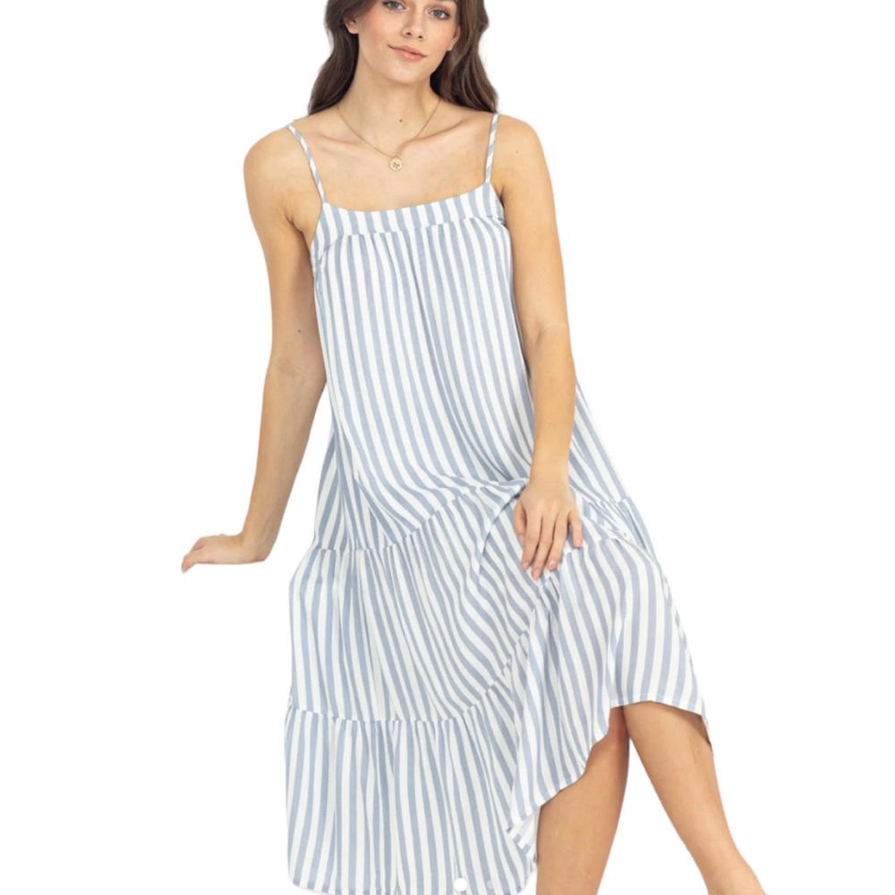 60. Women’s Blue Stripe Print Lined Tiered Midi Dress NWT